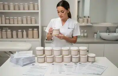 Estetista controlla etichette, lotti e documenti di conformità di cere professionali in cabina